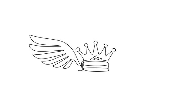 Animated self drawing of continuous line draw crown with wings. Fantasy crown on white. Royal, luxury, vip, first class sign. Winner award. Magic, fairytale symbol. Full length single line animation