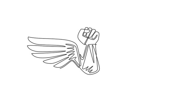 Animated self drawing of single continuous line draw raised strong clenched fist winged logo. Best fighter vector symbol, champion concept. Freedom for the personality. Full length one line animation