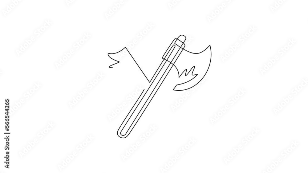 Poster self drawing animation of single line draw lumberjack axes crossed. crossed axes on white background