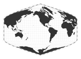 Vector world map. Baker Dinomic projection. Plain world geographical map with latitude and longitude lines. Centered to 120deg E longitude. Vector illustration.