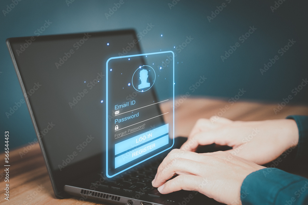 Aufkleber Man protecting personal data on a computer laptop and virtual interface. Cyber security concept to protect data. Secure encryption and access to the user's private information to access the internet.