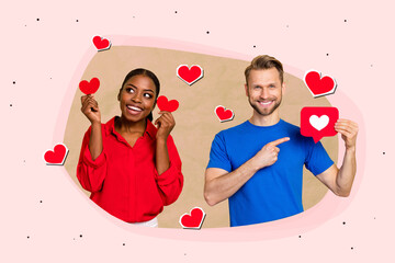 Photo poster of positive young couple man directing finger red paper love symbol near girlfriend...