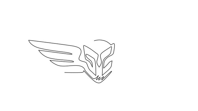 Animated self drawing of single continuous line draw spartan helmet with wings. Spartan warrior with wings logo, spartan angel. Warrior symbol flat icon isolated. Full length one line animation