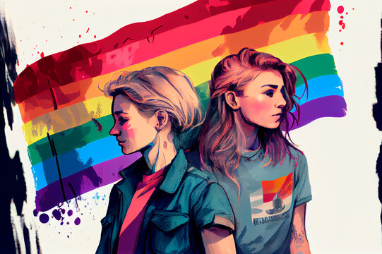 Generative AI illustration of an couple of young lesbian women, colorful scene with rainbow flag in the background
