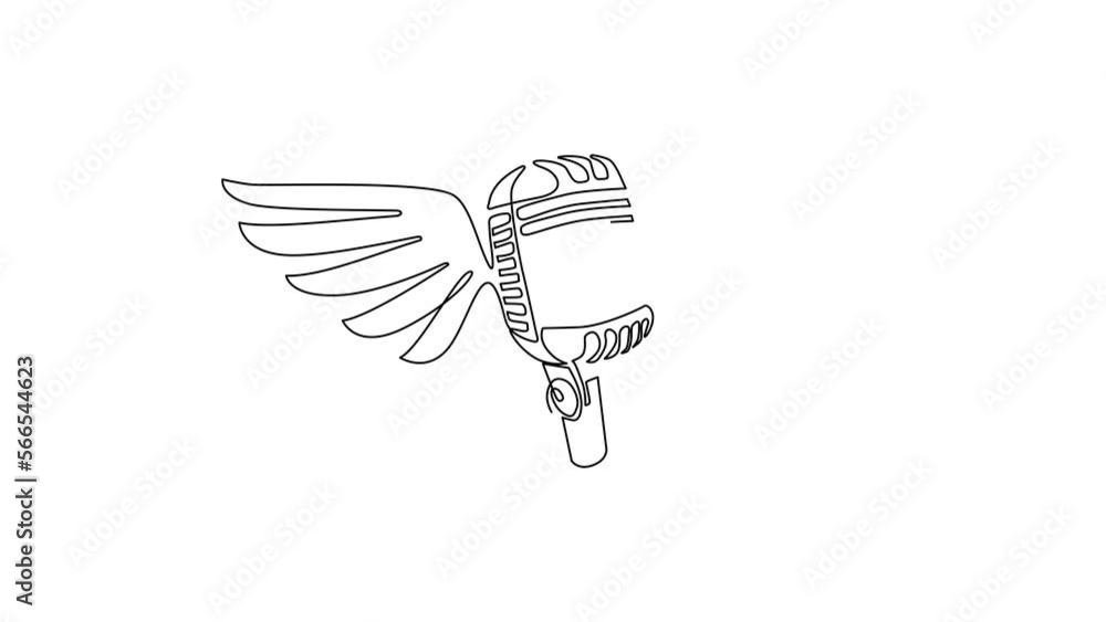 Poster animated self drawing of continuous line draw creative mic with wings. karaoke music with microphone