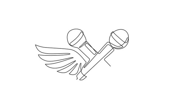 Animated self drawing of continuous line draw crossed mic with wings. Karaoke party promotion poster using musical notes. Rap battle concept, two stage microphones. Full length single line animation
