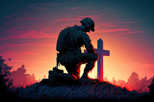 soldier kneeling at cross drawings