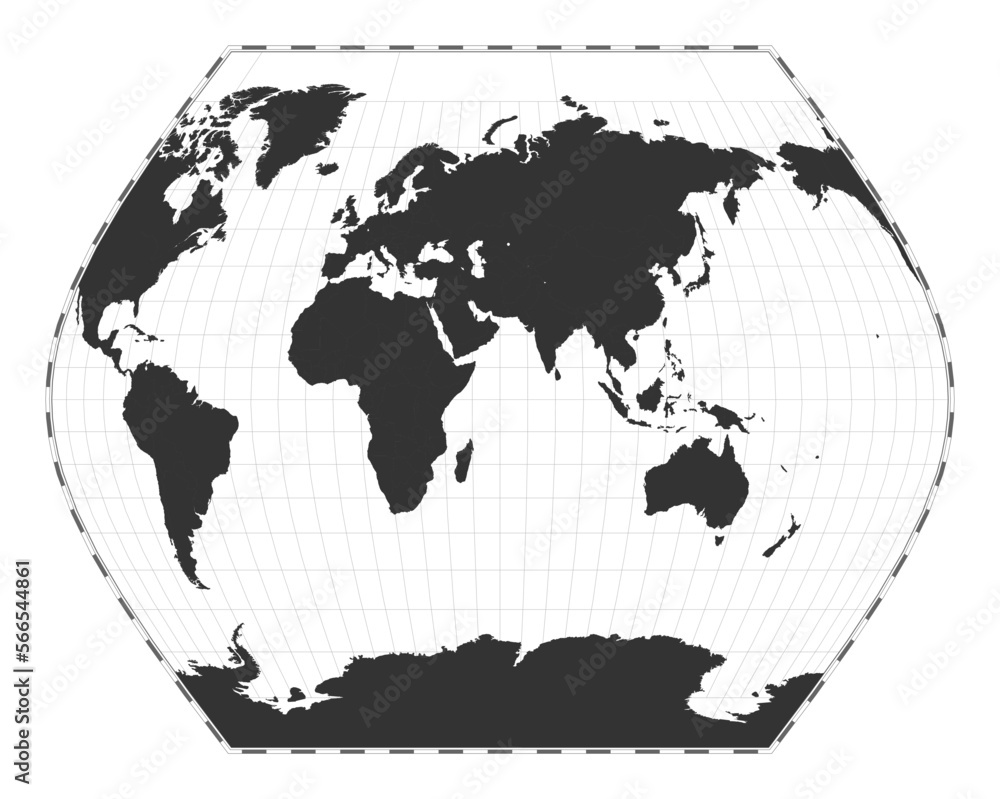 Poster vector world map. ginzburg viii projection. plain world geographical map with latitude and longitude