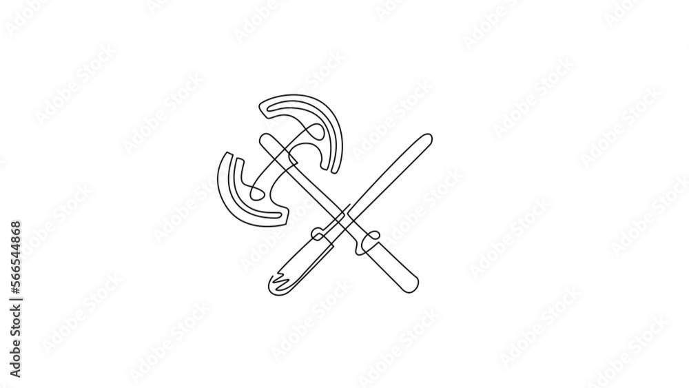 Poster animated self drawing of continuous line draw two crossed broad axe, medieval axe, battle axe, execu