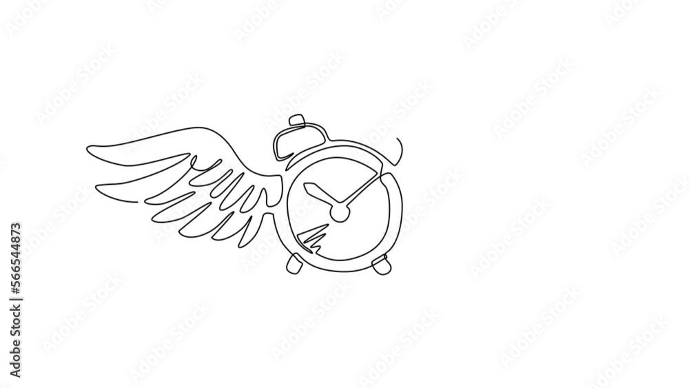 Poster animated self drawing of continuous line draw time flies concept. table alarm clock with wings. flat