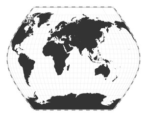 Vector world map. Ginzburg VIII projection. Plain world geographical map with latitude and longitude lines. Centered to 60deg W longitude. Vector illustration.