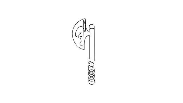 Self drawing animation of single one line draw broad axe, medieval axe, battle axe, executioner axe. Element for woodworking or lumberjack emblem or icon. Continuous line draw. Full length animated