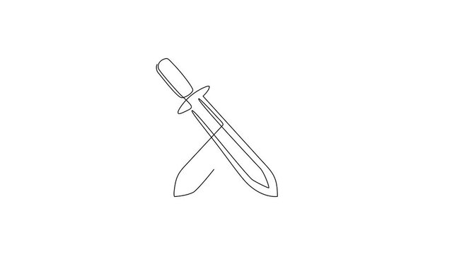 Self drawing animation of single line draw crossed swords, metal sword, European swords, realistic sword isolated. European straight swords. Daggers, knifes. Continuous line draw. Full length animated