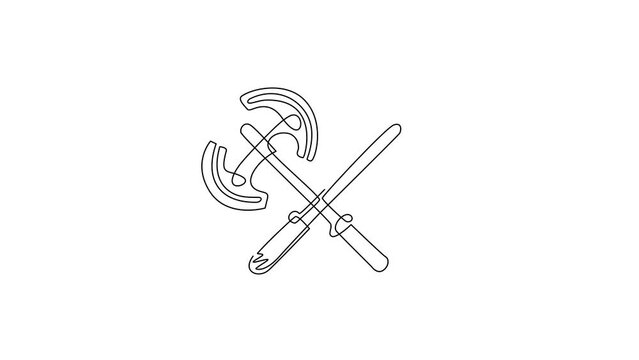 Animated self drawing of continuous line draw two crossed broad axe, medieval axe, battle axe, executioner axe. Element for woodworking or lumberjack emblem or icon. Full length one line animation