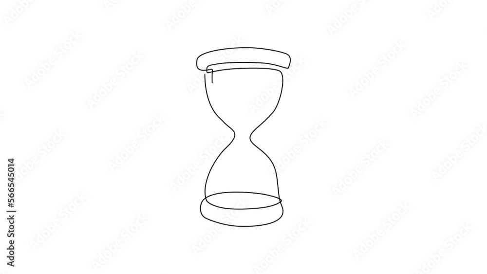 Poster self drawing animation of single one line draw vintage hourglass, sandglass timer or clock flat icon