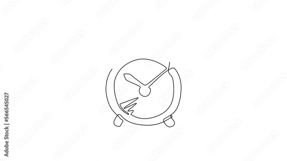 Poster animated self drawing of continuous one line draw hand drawn alarm clock isolated on white backgroun