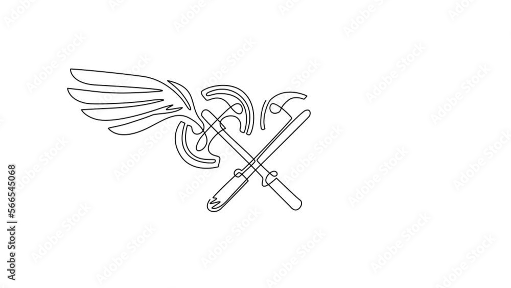 Poster animated self drawing of continuous line draw flying two crossed axes. weapon of medieval warrior. w