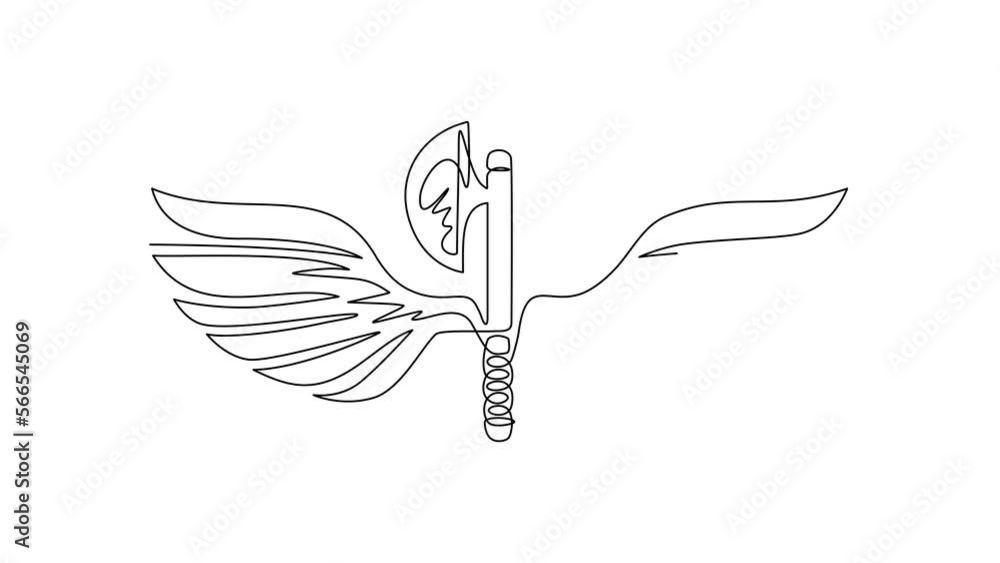 Aufkleber animated self drawing of continuous one line draw axe wings icon template. black and white winged ax