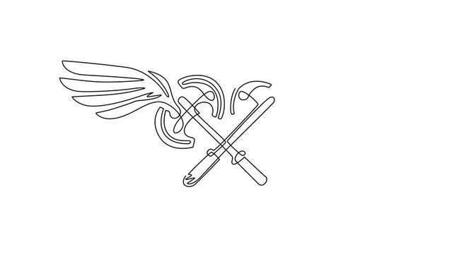 Animated self drawing of continuous line draw flying two crossed axes. Weapon of medieval warrior. Winged two crossed axes logo with elegant outspread wings for logo. Full length one line animation