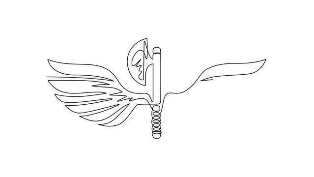 Animated self drawing of continuous one line draw axe wings icon template. Black and white winged axe logo with elegant outspread wings and feathers for logo design. Full length single line animation