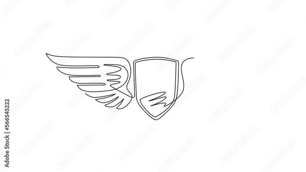 Poster self drawing animation of single one line draw winged shield logo. flying shield with wings in the s