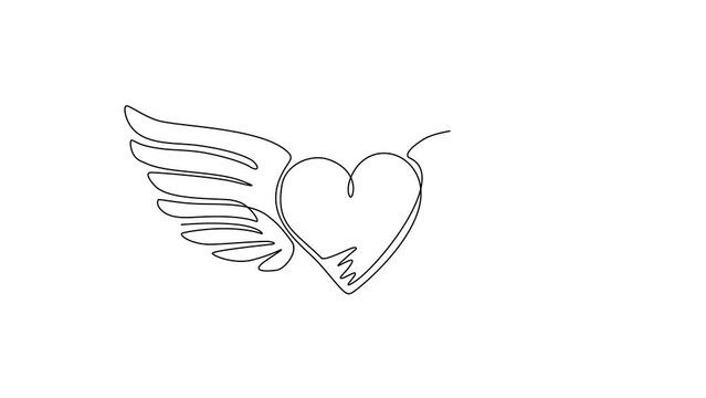 Animated self drawing of continuous line draw heart love romantic with wings silhouette flat style icon. Flying heart logo with wings. Winged hearts fly in the sky. Full length single line animation