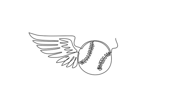 Self drawing animation of single line draw baseball ball flying with wings. Realistic baseball emblem with raised up white wings, ball for sports design. Continuous line draw. Full length animated