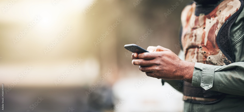 Poster social media, chat and hands of a man with a phone in nature for communication and 5g connection. mo