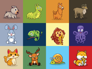 Obraz premium Collection of Cute Cartoon Animals Snail,Deer,Cat,Octopus,Monkey,Chameleon,Bunny,Urial,Ilama,Caterpillar,Bulldog, 