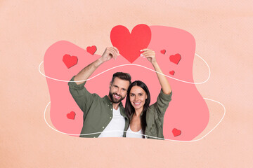 Creative abstract collage template graphics image of pretty cute husband wife rising 14 february...