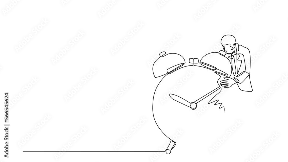 Poster self drawing animation of single line draw businessman, employee standing and hugging big clock. con