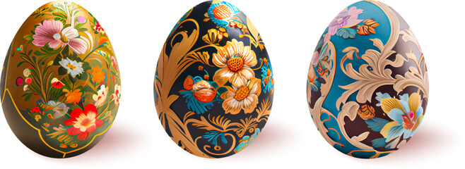Set of realistic Easter eggs with floral tracery on a white background.The main symbols of the spring holiday. Vector Illustration.