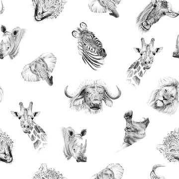 Seamless pattern of hand drawn sketch african animal portraits. Illustration isolated on white