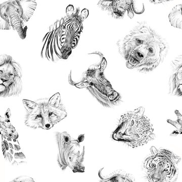 Seamless pattern of hand drawn sketch african and wildlife animal portraits. Illustration isolated on white