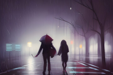 Lonely couple walking in the rain. City streets on a rainy night. Street lights reflected on wet asphalt. Concept of relationship and circumstances. Digital illustration. CG Artwork Background