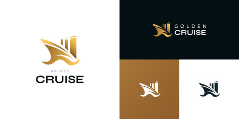 Luxury Golden Cruise Logo Design. Yacht, Vessel Logo or Icon