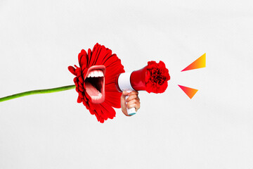 Creative artwork collage image of talking mouth inside flower arm hold loudspeaker say tell...