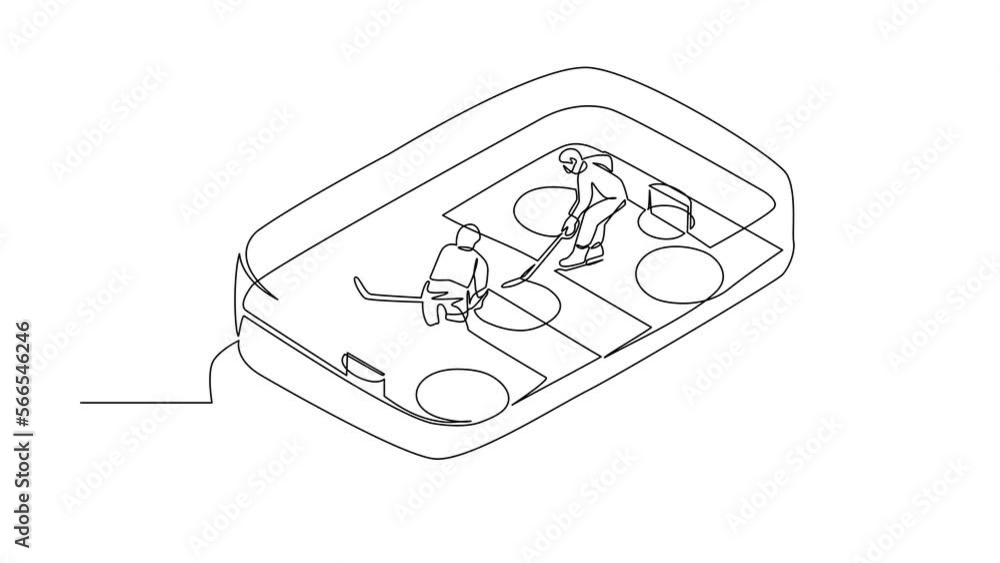 Poster animated self drawing of single continuous line draw ice hockey rink with two players on smartphone 