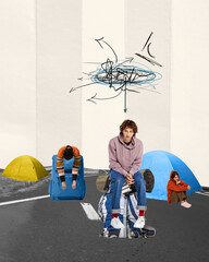 Conceptual design. Young desperate sad people living on tents, moving home town. Feeling stressful...