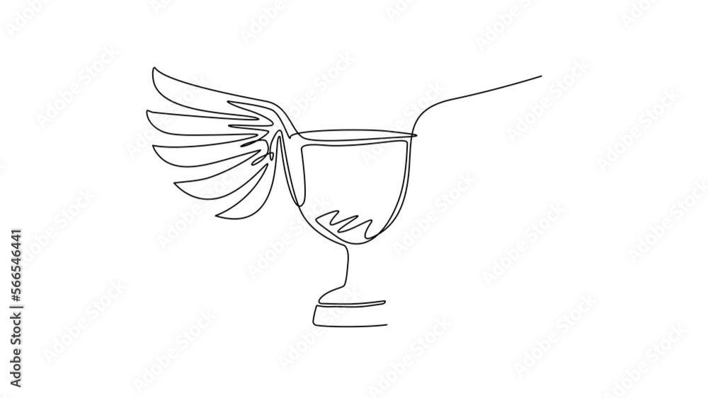 Poster animated self drawing of continuous line draw winning trophy with wings, winner first position compe