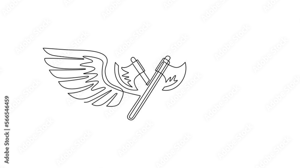 Aufkleber self drawing animation of single line draw crossed axes fly with wings. equipment for lumberjack. wi