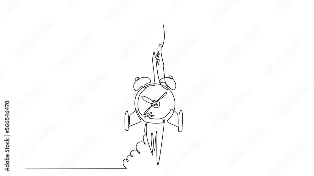 Poster animated self drawing of continuous line draw businessman riding clock rocket ship with fire, clouds