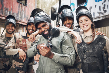 Portrait, diversity and military group with paintball gun for training, fun or extreme sports, happy and excited. Army, people and sport team smile, bond and ready for target practice, game or cardio - obrazy, fototapety, plakaty
