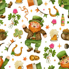 Saint Patricks day seamless pattern with traditional celebration symbols - flag, shamrock, flowers, leprechaun, stars, pipe, coins. Watercolor illustration for invitation, greeting card, wrapping pape