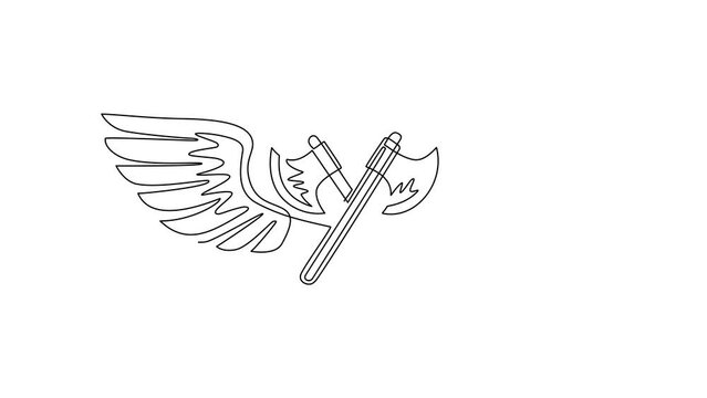Self drawing animation of single line draw crossed axes fly with wings. Equipment for lumberjack. Winged crossed axes logo with elegant wings for logo. Continuous line draw. Full length animated