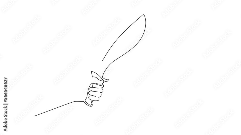 Poster animated self drawing of single continuous line draw man hand hold machetes knife with curved blade.