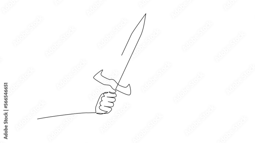 Poster self drawing animation of single continuous line draw man hand hold sword warrior. hand of warrior w