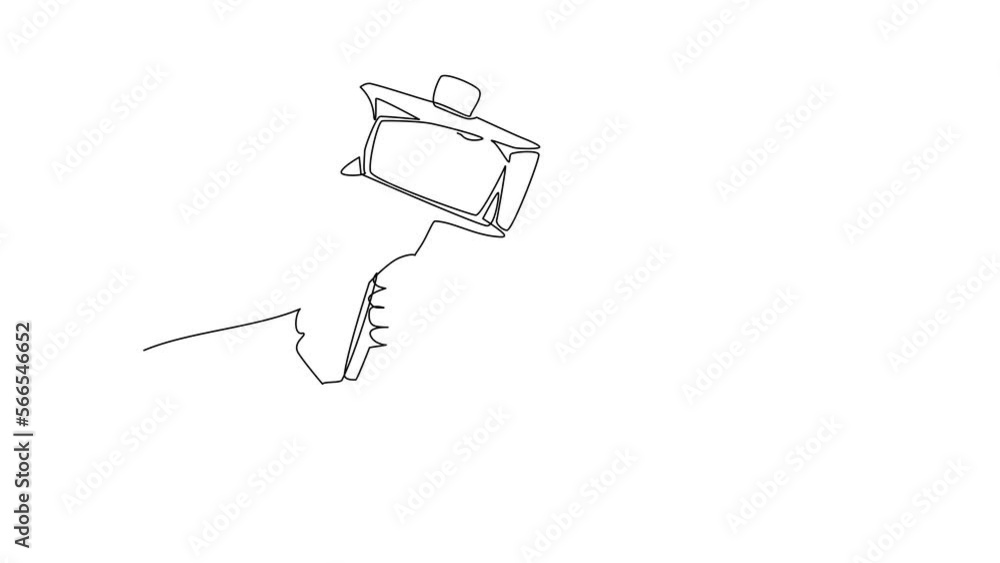 Aufkleber self drawing animation of single line draw hand holding stone hammer. prehistoric weapon or working 