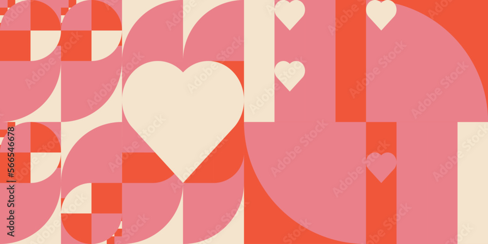 Poster Romantic vector abstract  geometric background with hearts, circles, rectangles and squares  in retro scandinavian style. Pastel colored simple shapes graphic pattern. Abstract mosaic artwork.