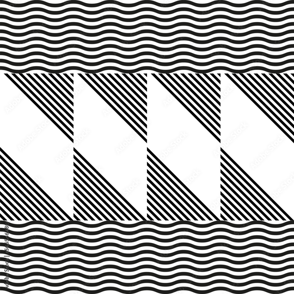 Fototapete Modern abstract geometric contemporary vector seamless diagonal pattern with simple elements and shapes. Graphic black and white minimalist background.